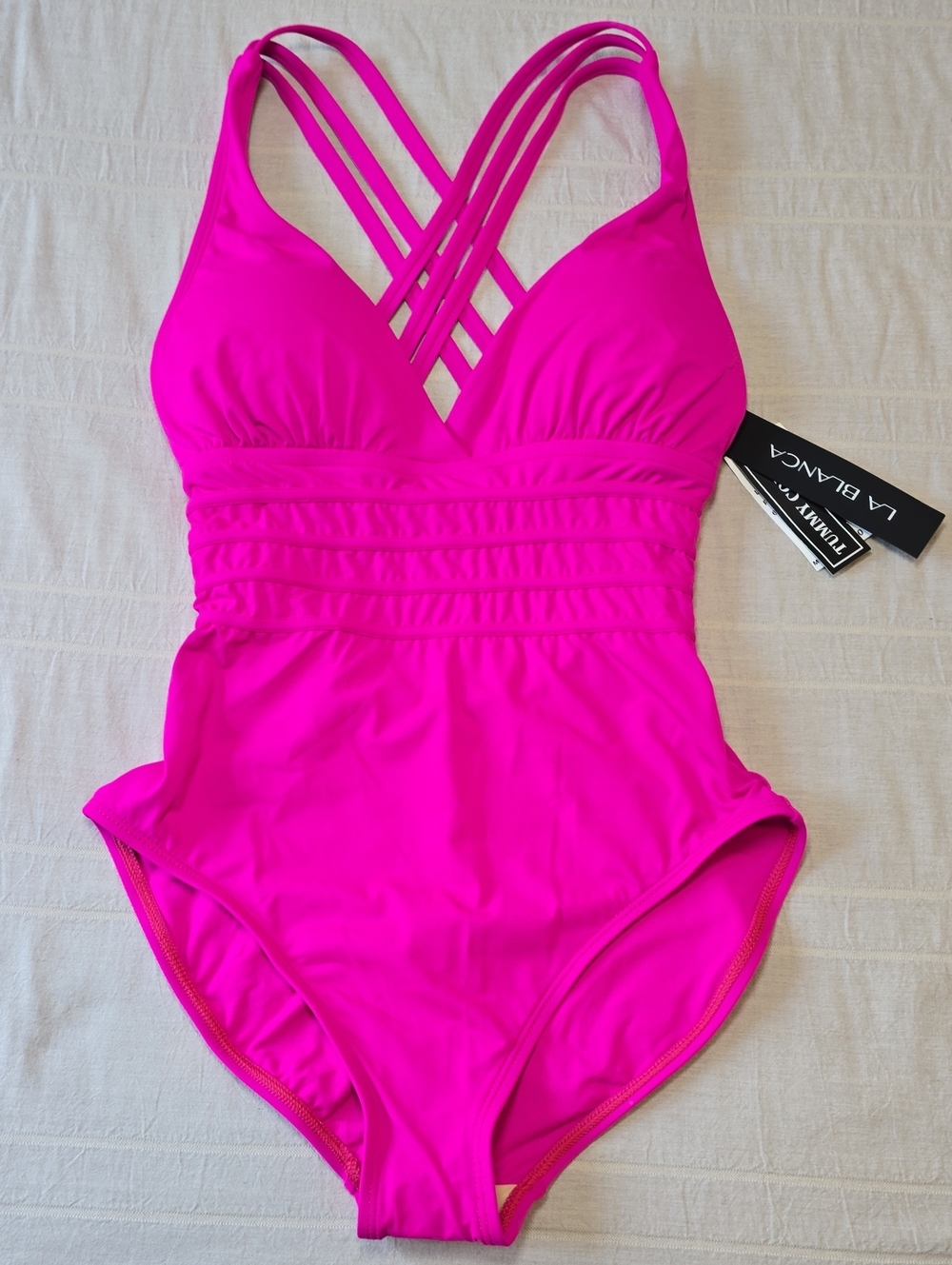 La Blanca Hot Pink Cross-Strap V-Neck One-Piece Tummy Control Swimsuit Size 6